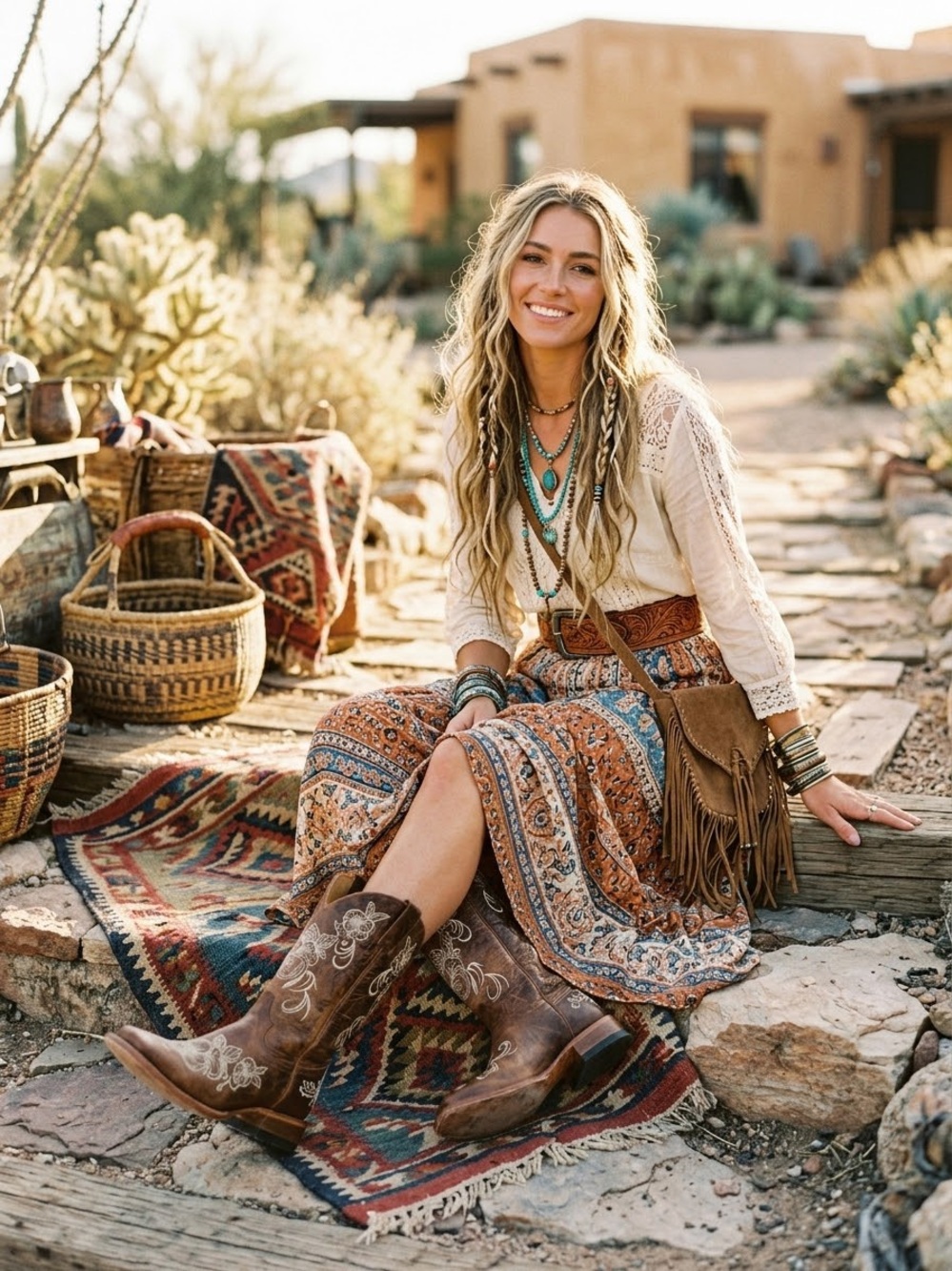 Shyanne Brown Leather Western Boots with Cream Floral Stitching